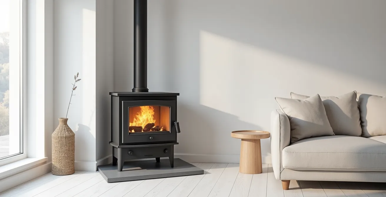 Vue d'ensemble minimaliste d'un poêle à bois dans un intérieur épuré