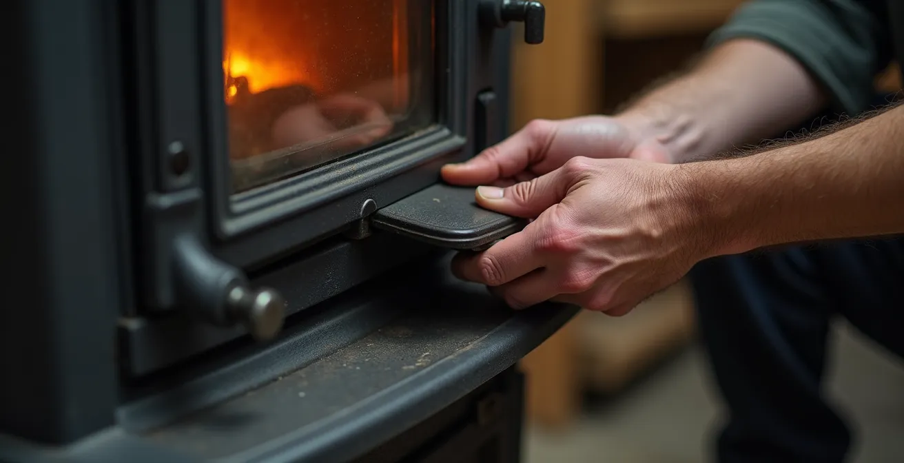Main remplaçant un joint de porte de poêle à bois